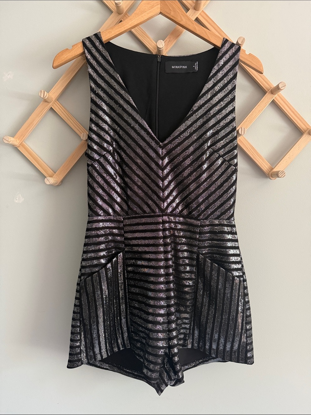 MINKPINK Black and Silver Metallic Stripe V-Neck Romper
